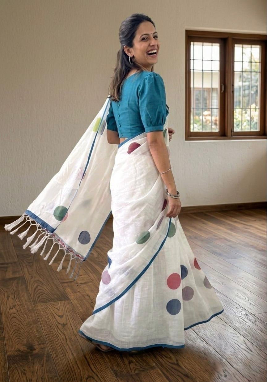 White linen cotton saree