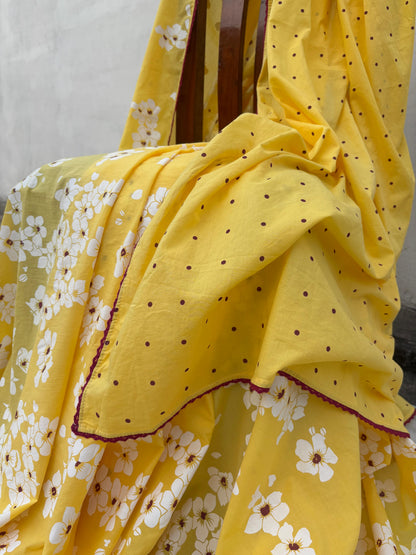 Yellow summer child block printed mulmul saree