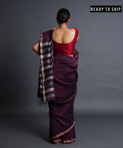 Mauve handwoven linen saree