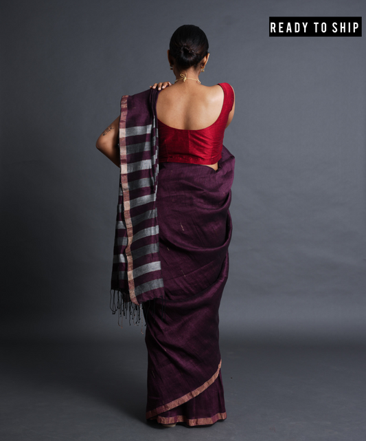 Mauve handwoven linen saree