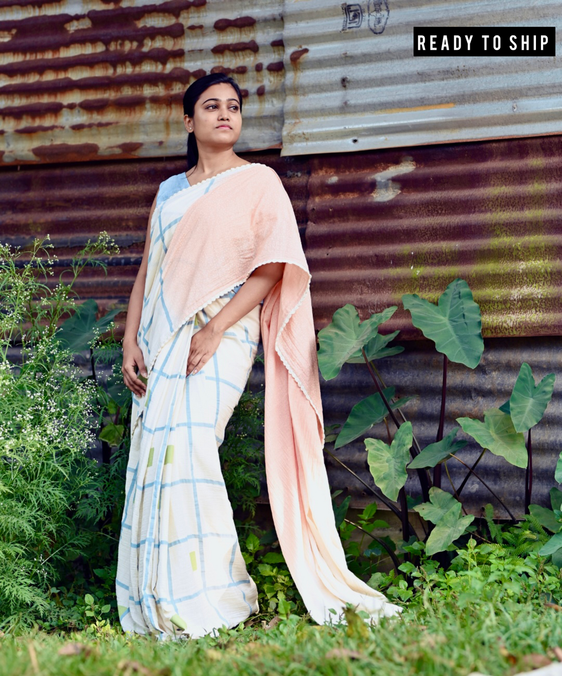 White peach blockprinted fine cotton saree