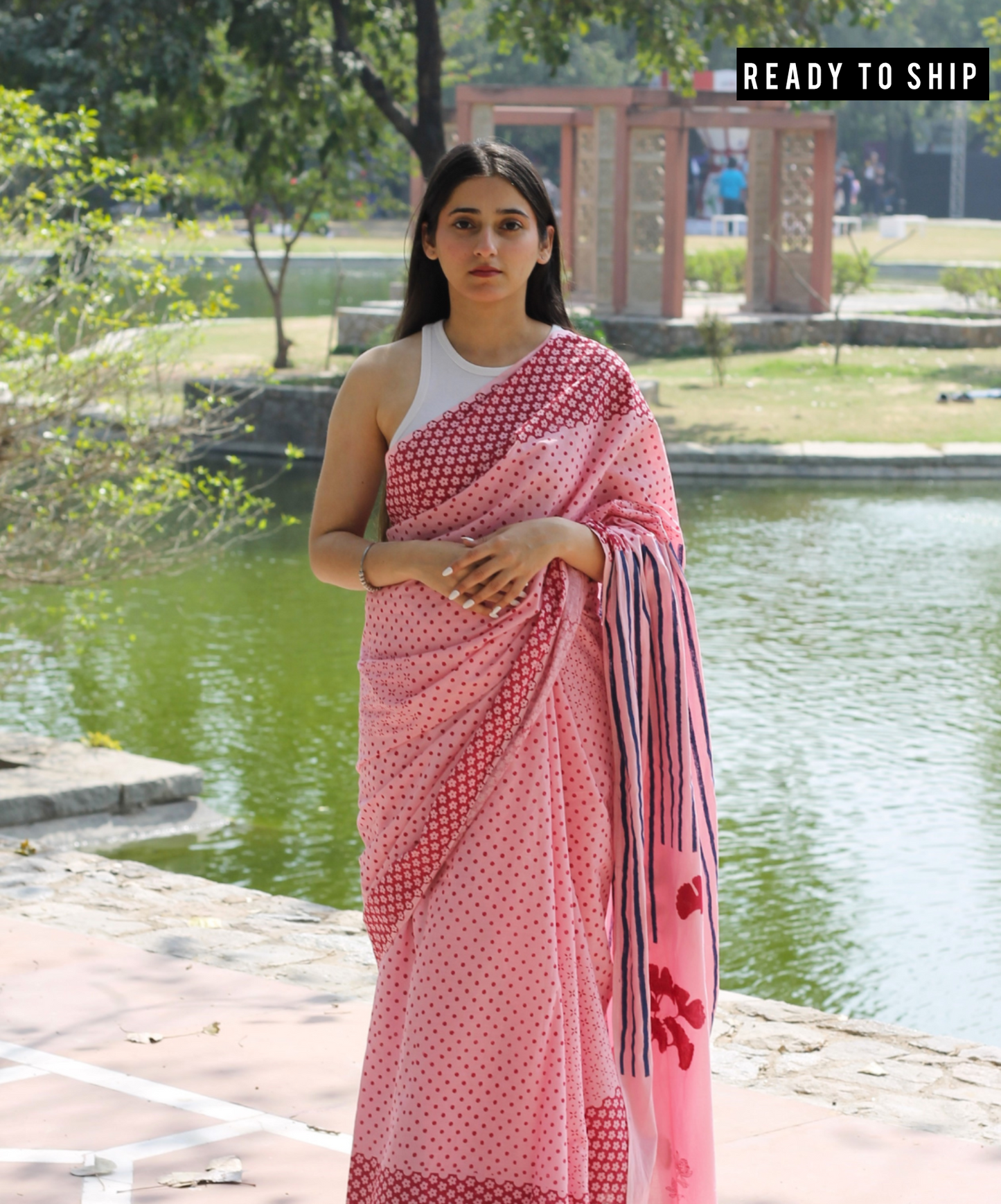 Pink summer soul block printed mulmul saree