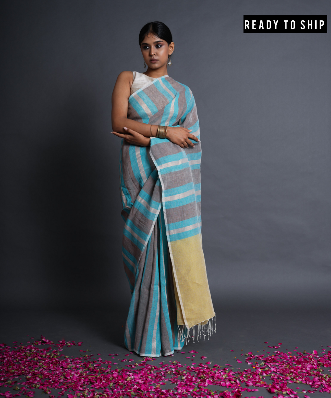 Blue grey striped handwoven linen saree