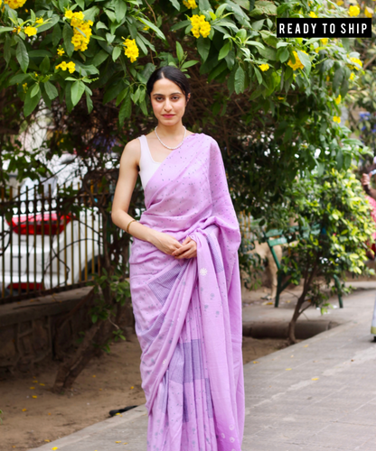 Lavender summer dew block printed mulmul saree