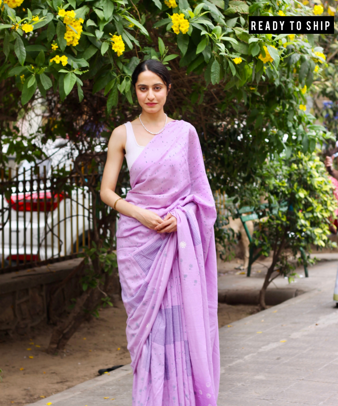 Lavender summer dew block printed mulmul saree