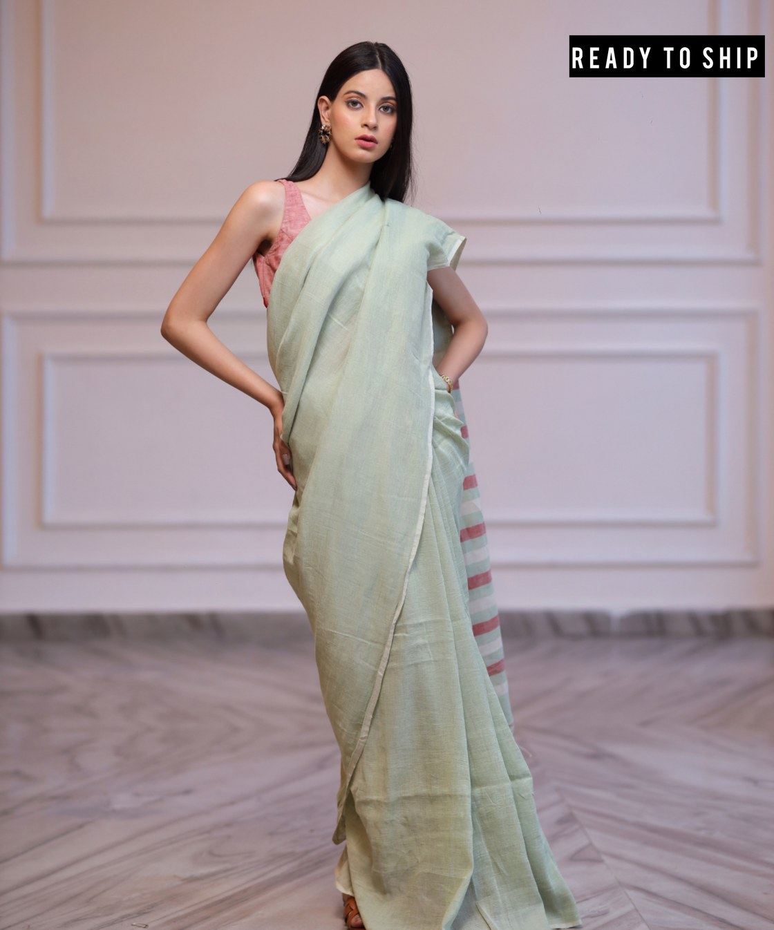 Sage green handwoven linen saree