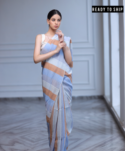 Multicolored striped handwoven linen saree