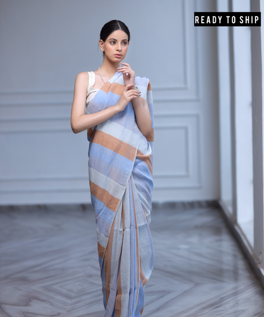 Multicolored striped handwoven linen saree