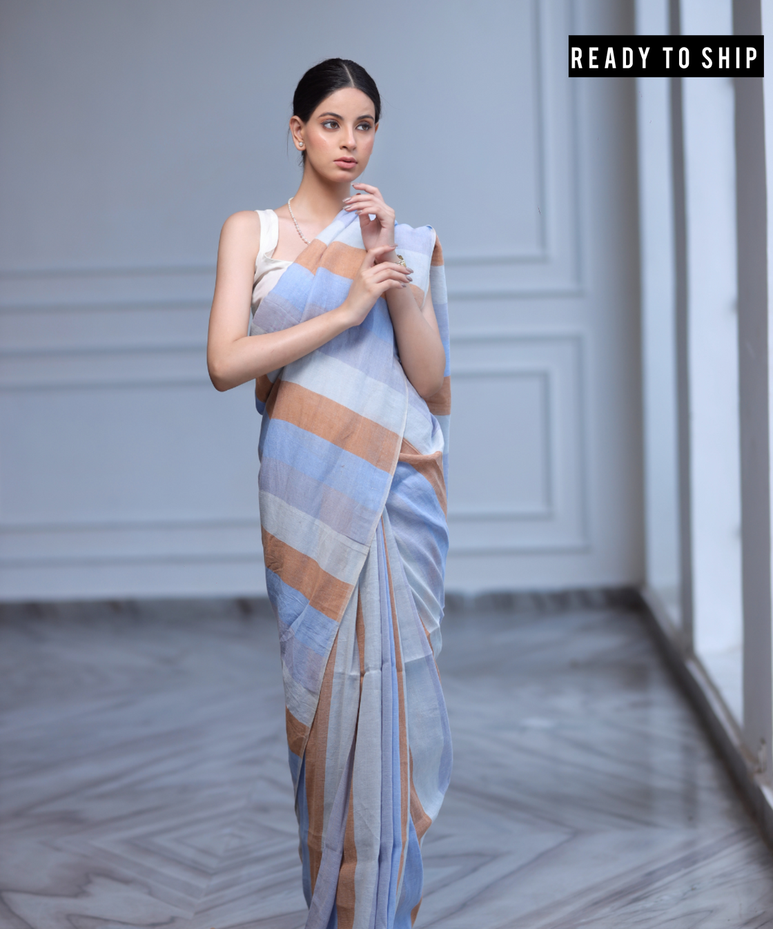 Multicolored striped handwoven linen saree