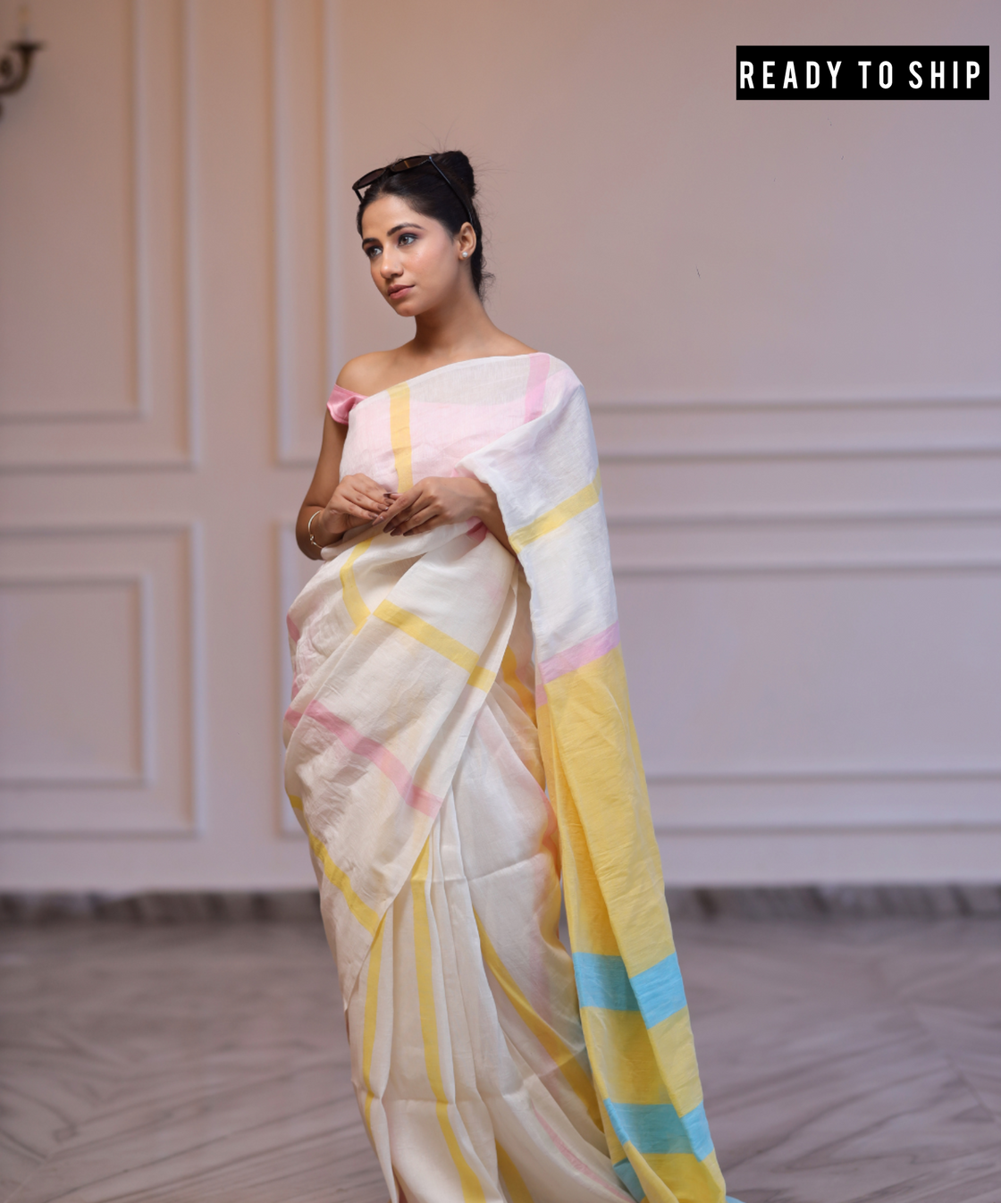 Cream yellow striped handwoven linen saree