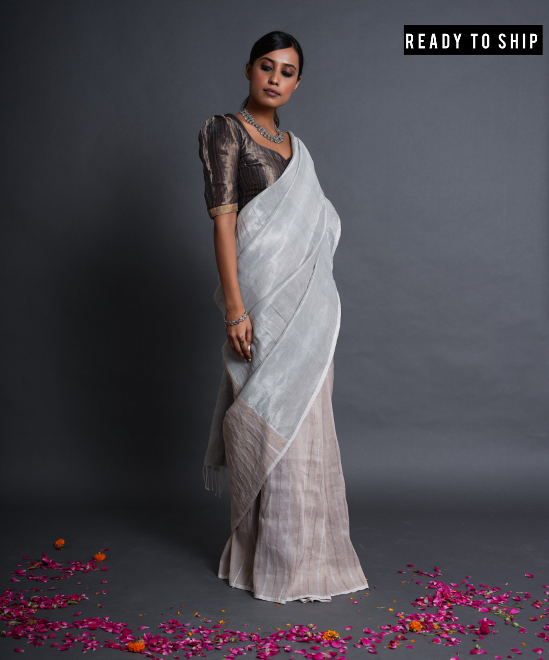 Blue beige handwoven linen zari saree