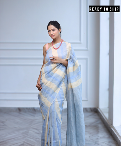 Blue striped handwoven linen saree