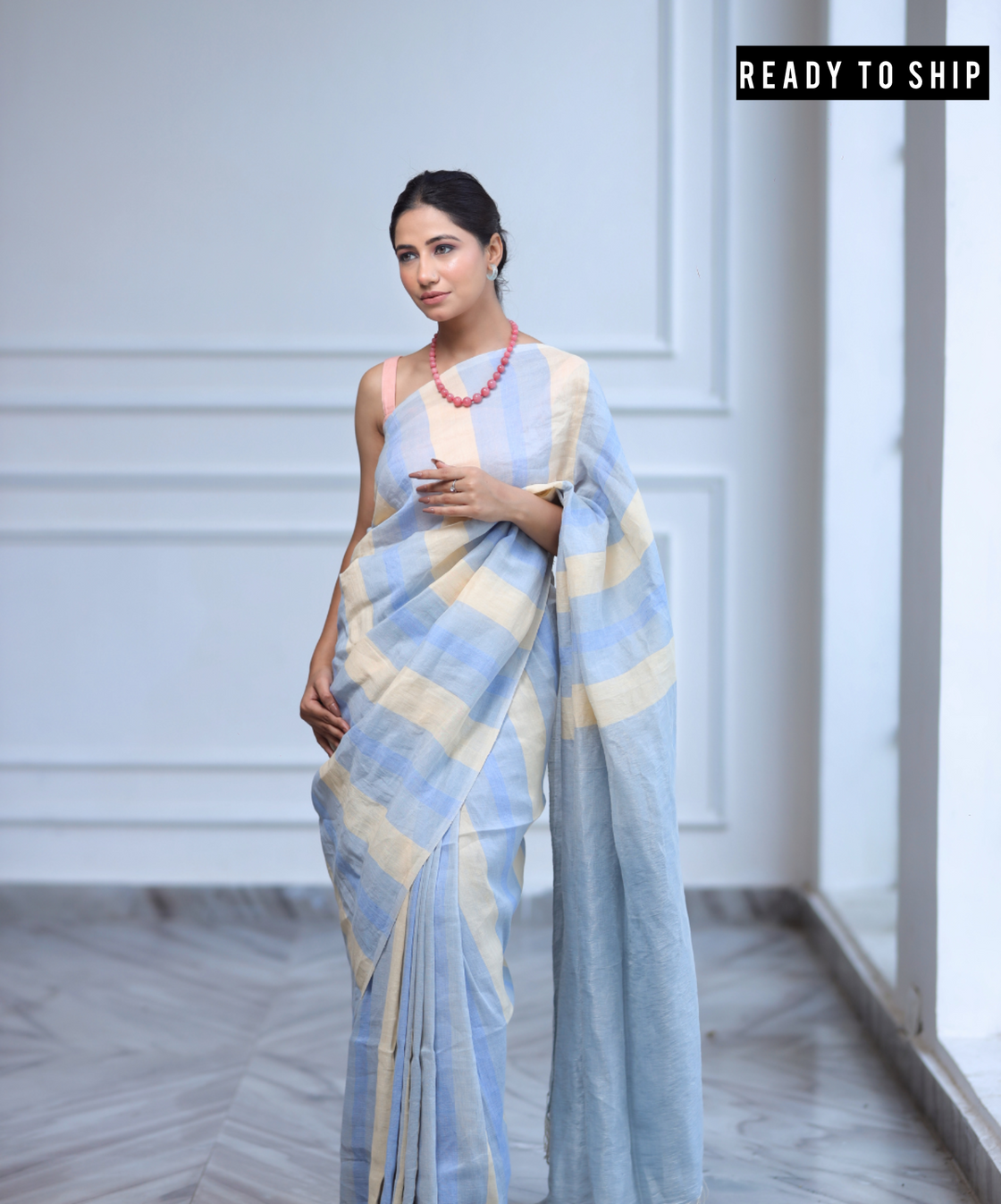 Blue striped handwoven linen zari saree