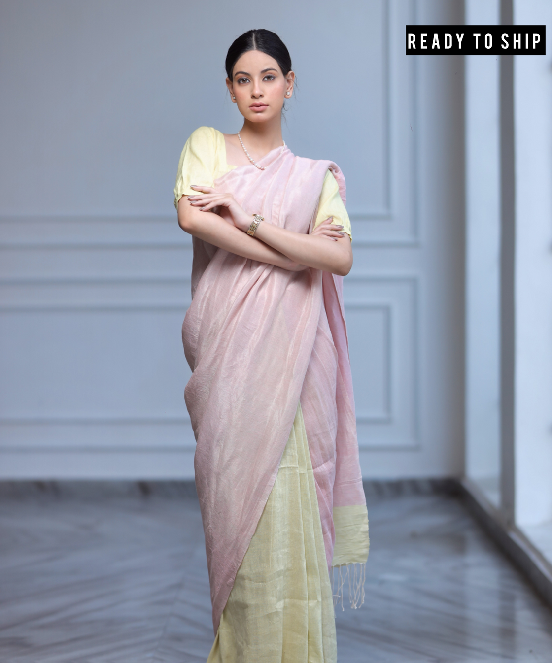 Pink yellow linen zari saree