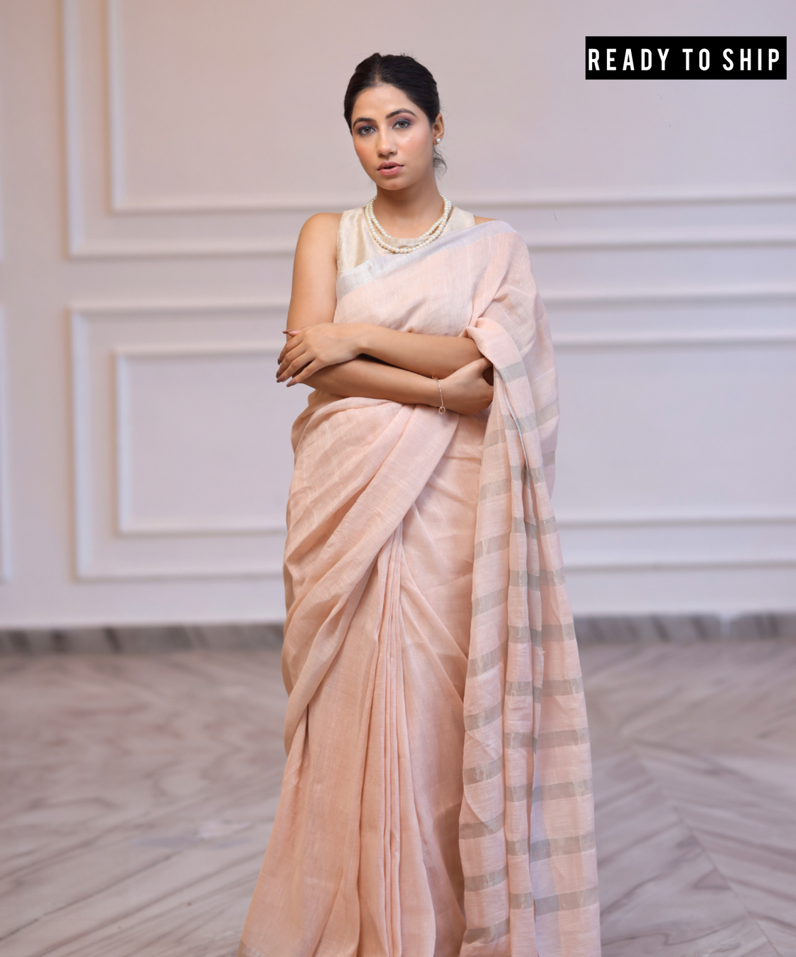 Summer pink handwoven linen zari saree