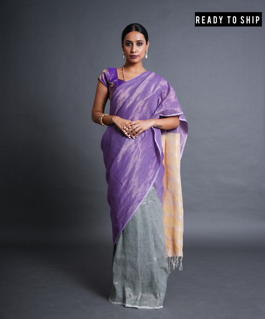 Green-mauve handwoven linen zari saree