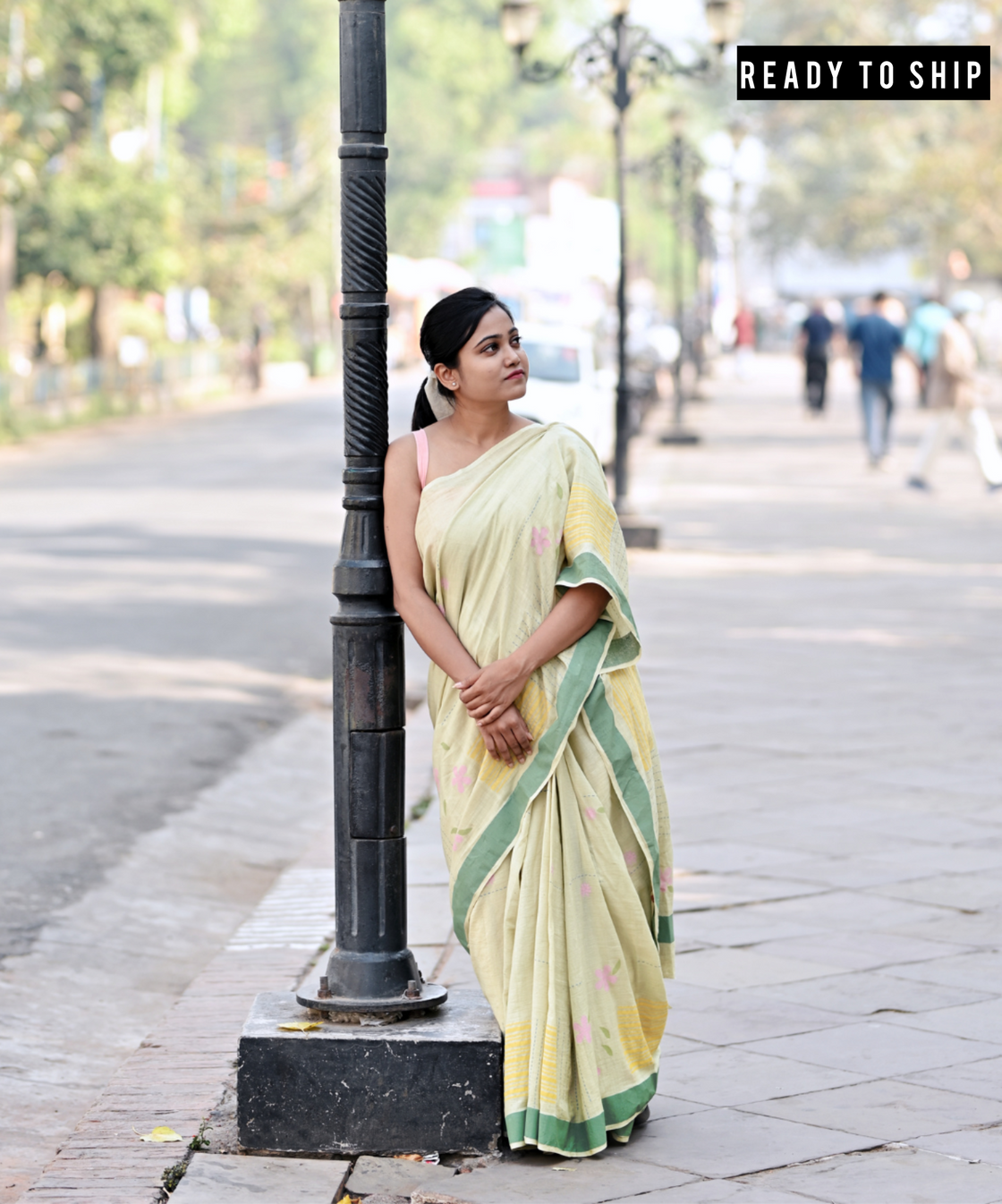 Sage green blockprinted fine cotton saree