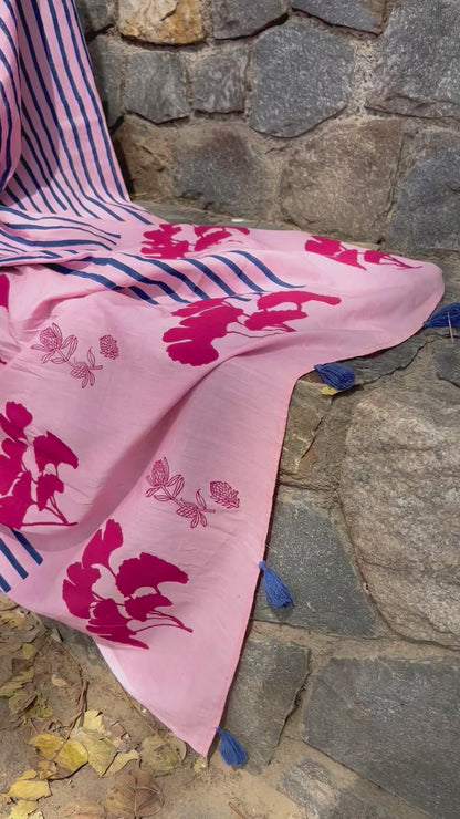 Pink summer soul block printed mulmul saree