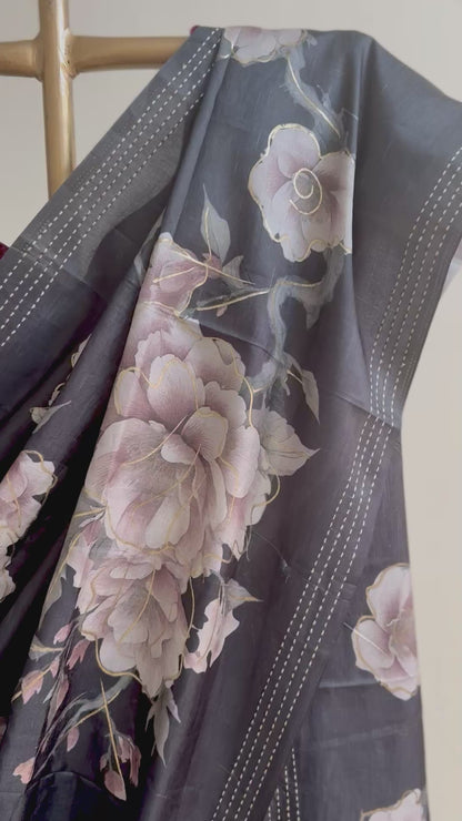 Bluish-black floral saree
