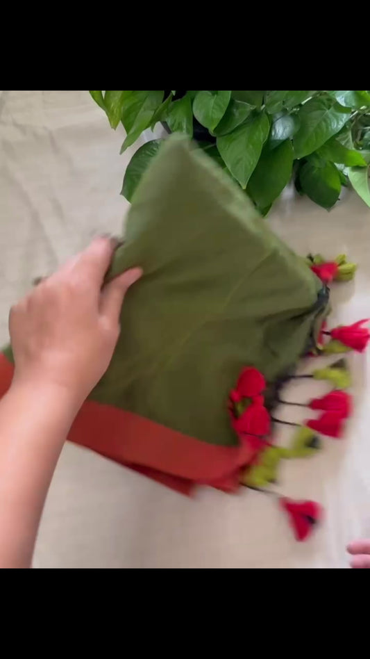 Olive green with Rust border cotton saree