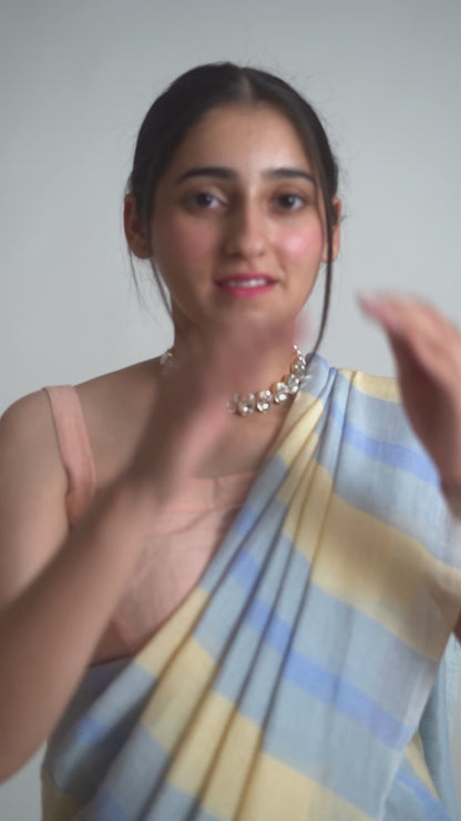 Blue striped handwoven linen saree