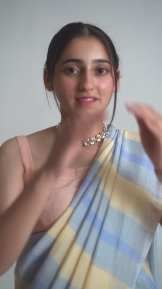 Blue striped handwoven linen saree