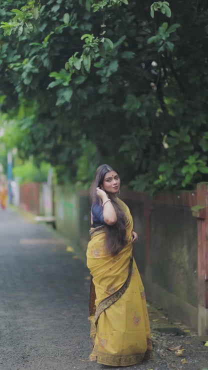 Yellow chanderi cotton jamdani saree