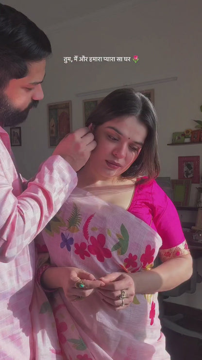 Pink floral cotton saree