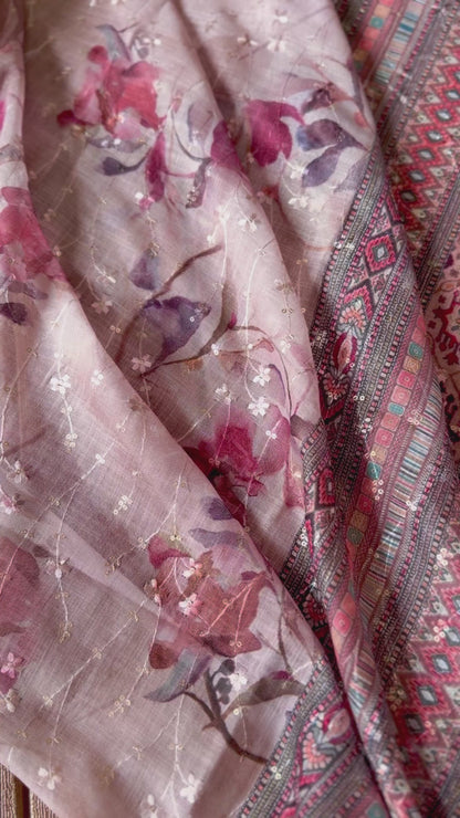 Light pink thread embroidered saree