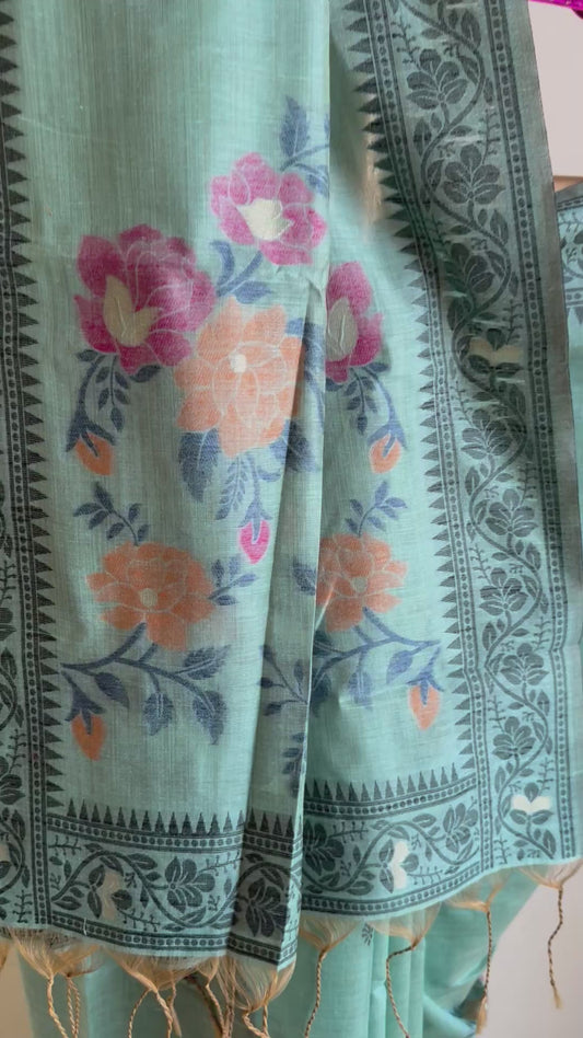 Teal chanderi cotton jamdani saree