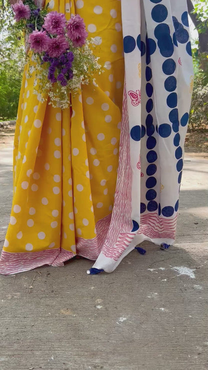 White yellow summer dream block printed mulmul saree