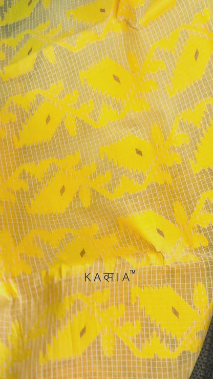White Yellow Self Checks Bengal Jamdani saree