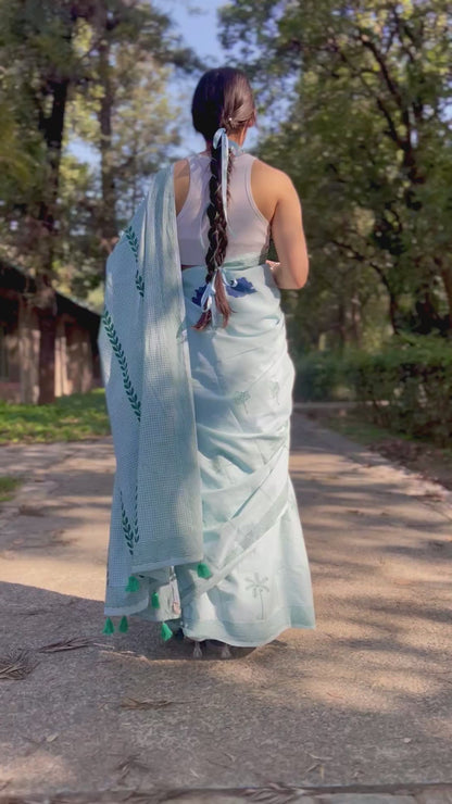 Blue summer sky block printed mulmul saree