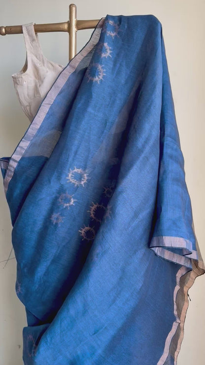 Blue jamdani linen saree