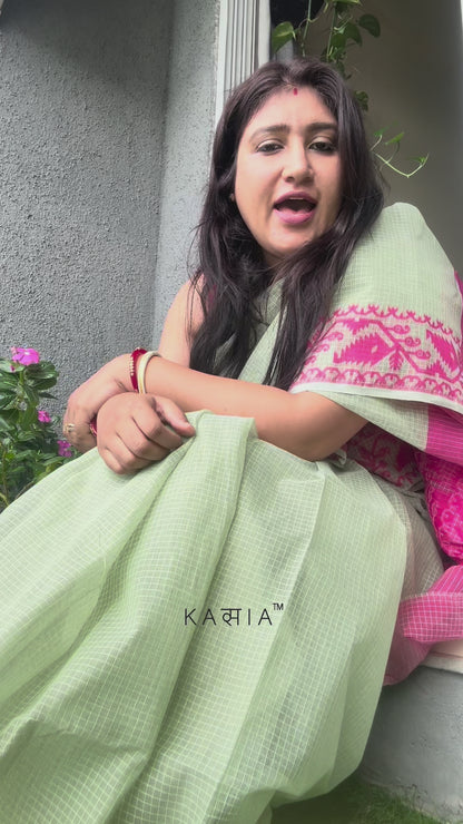 Green Pink Bengal Jamdani Cotton Saree