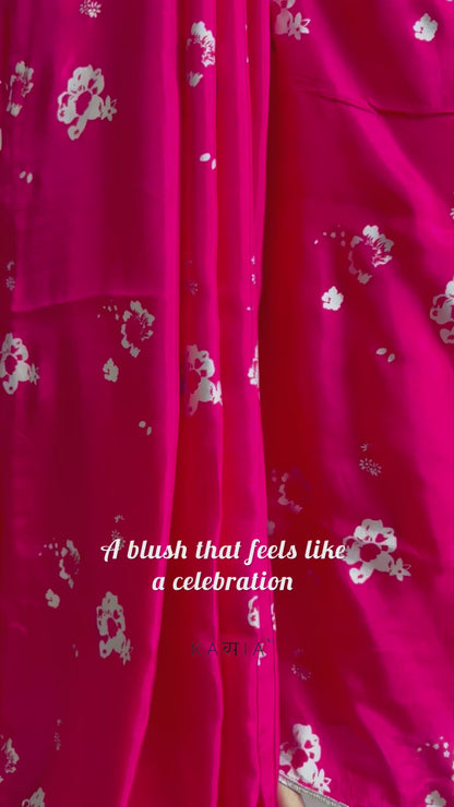 Pink hand blockprinted silk saree