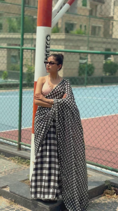 Black and White Check saree