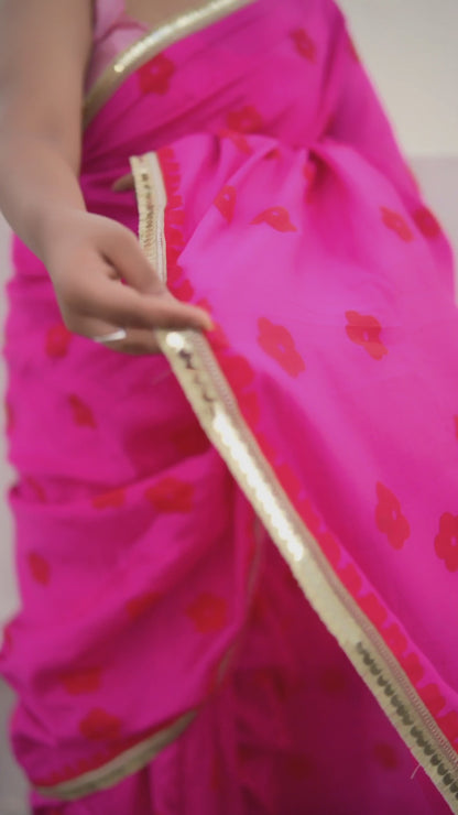 Rani pink blockprinted chanderi silk saree