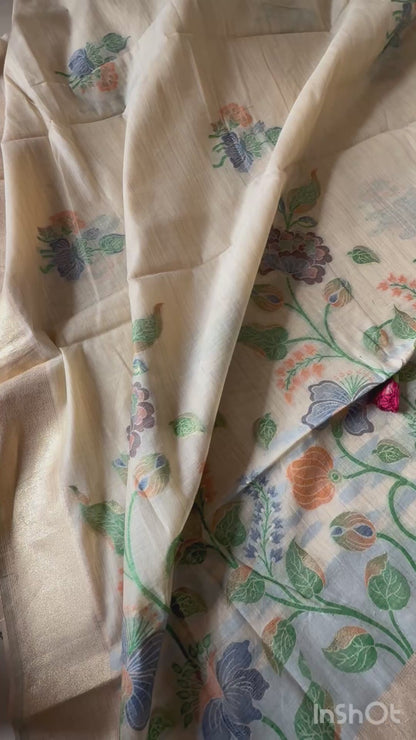 Beige chanderi cotton jamdani saree