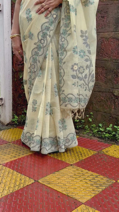 Cream chanderi cotton jamdani saree
