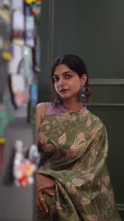 Green abstract tissue silk saree
