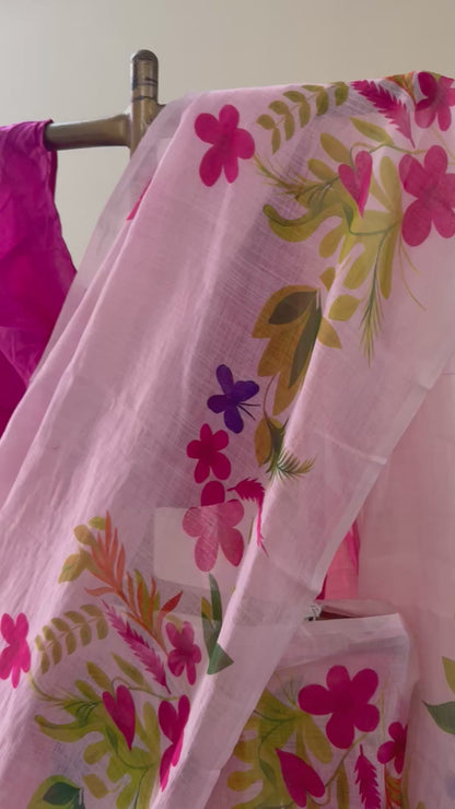 Pink floral cotton saree