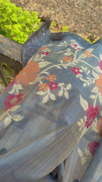 Grey chanderi cotton jamdani saree