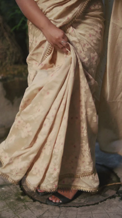 Beige blockprinted chanderi silk saree
