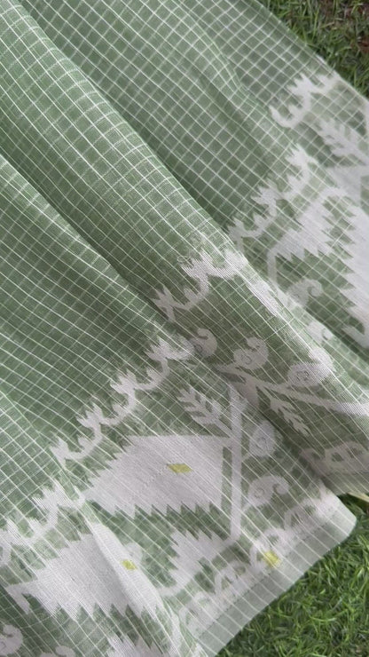 Sage green & White Bengal Jamdani Cotton Saree