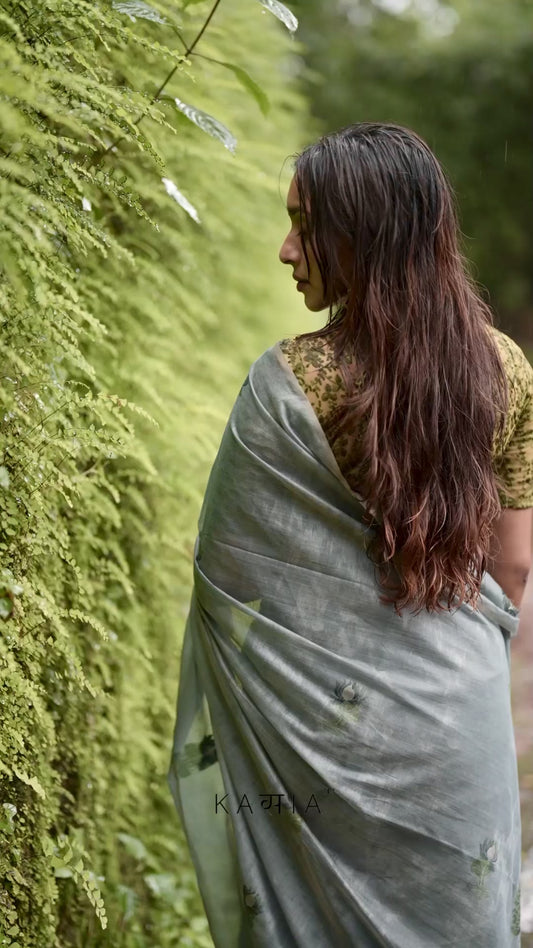 Grey-Blue chanderi cotton lotus saree
