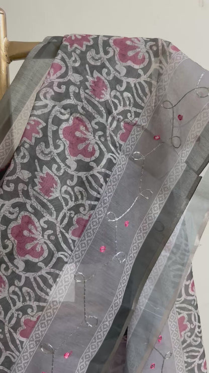 Green floral batik print silk saree
