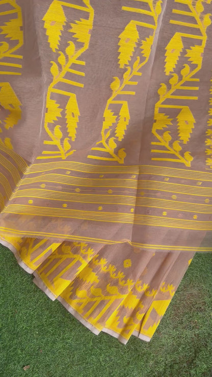 Beige Yellow Bengal Jamdani Cotton Saree